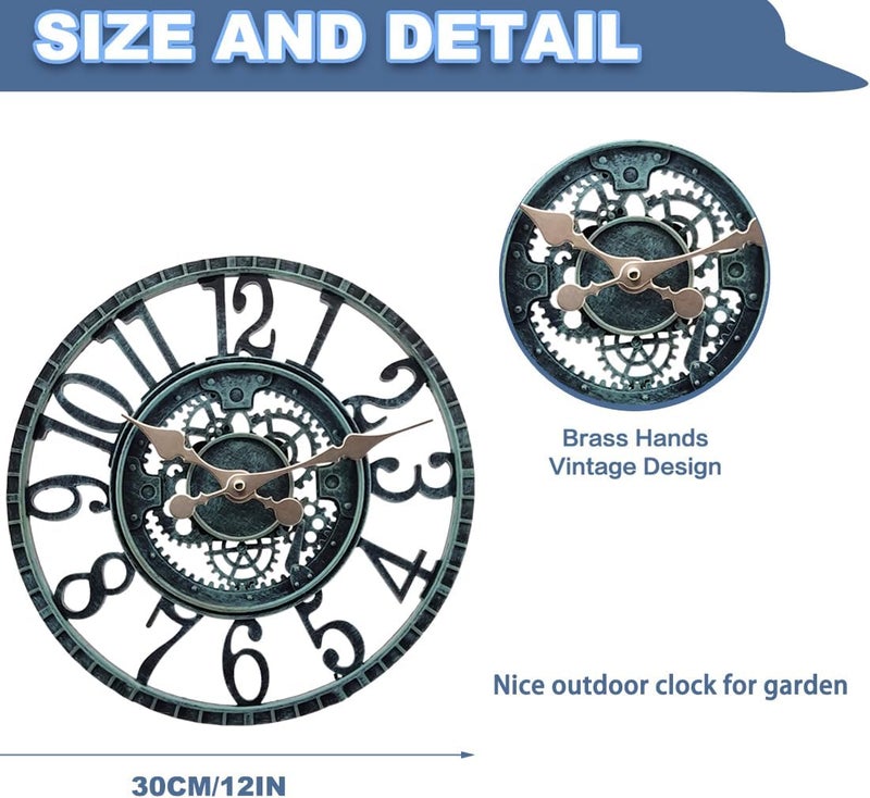 YTAONS Outdoor Wall Clock for Garden, Patio and Deck, 12in Garden Clock Waterproof Clocks -Not Silent (Turquoise-A) - Image 3